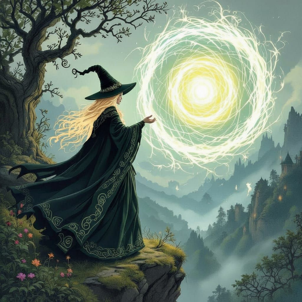 Celtic Witch Conjuring Magic in Enchanted Forest