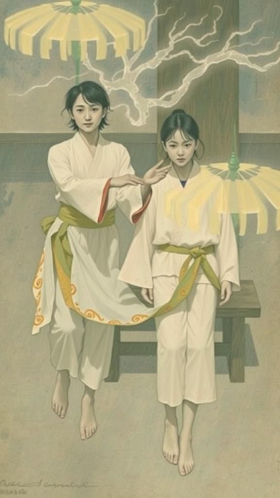 Japanese Dancers Leap in Art Nouveau Ukiyo-e Style