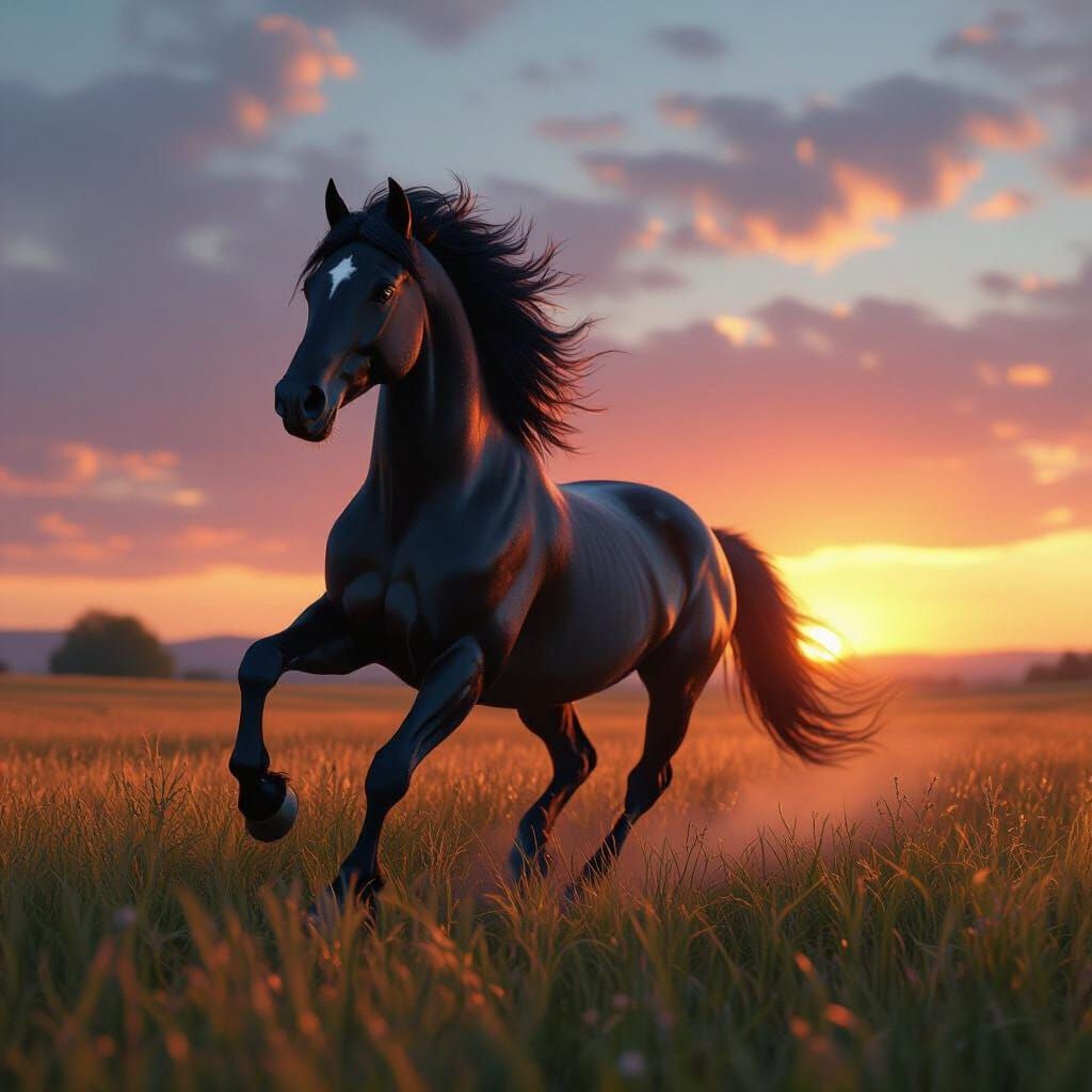 Dun Horse Galloping Across Field at Sunset