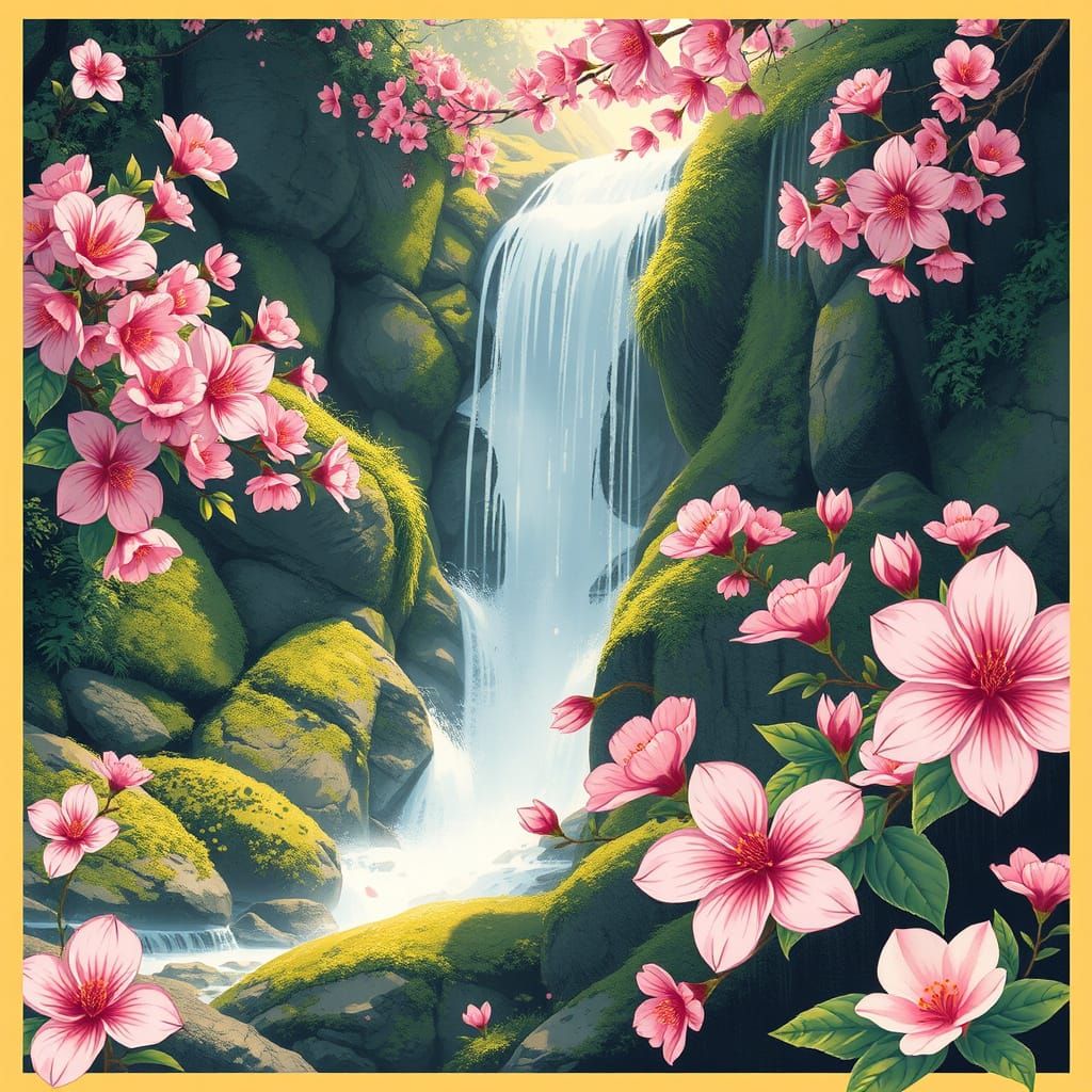 Ethereal Floral Waterfall in Traditional Japanese Style