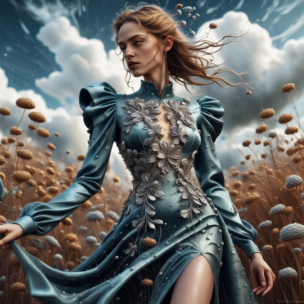 Woman in Silk Dress with Metal Flowers