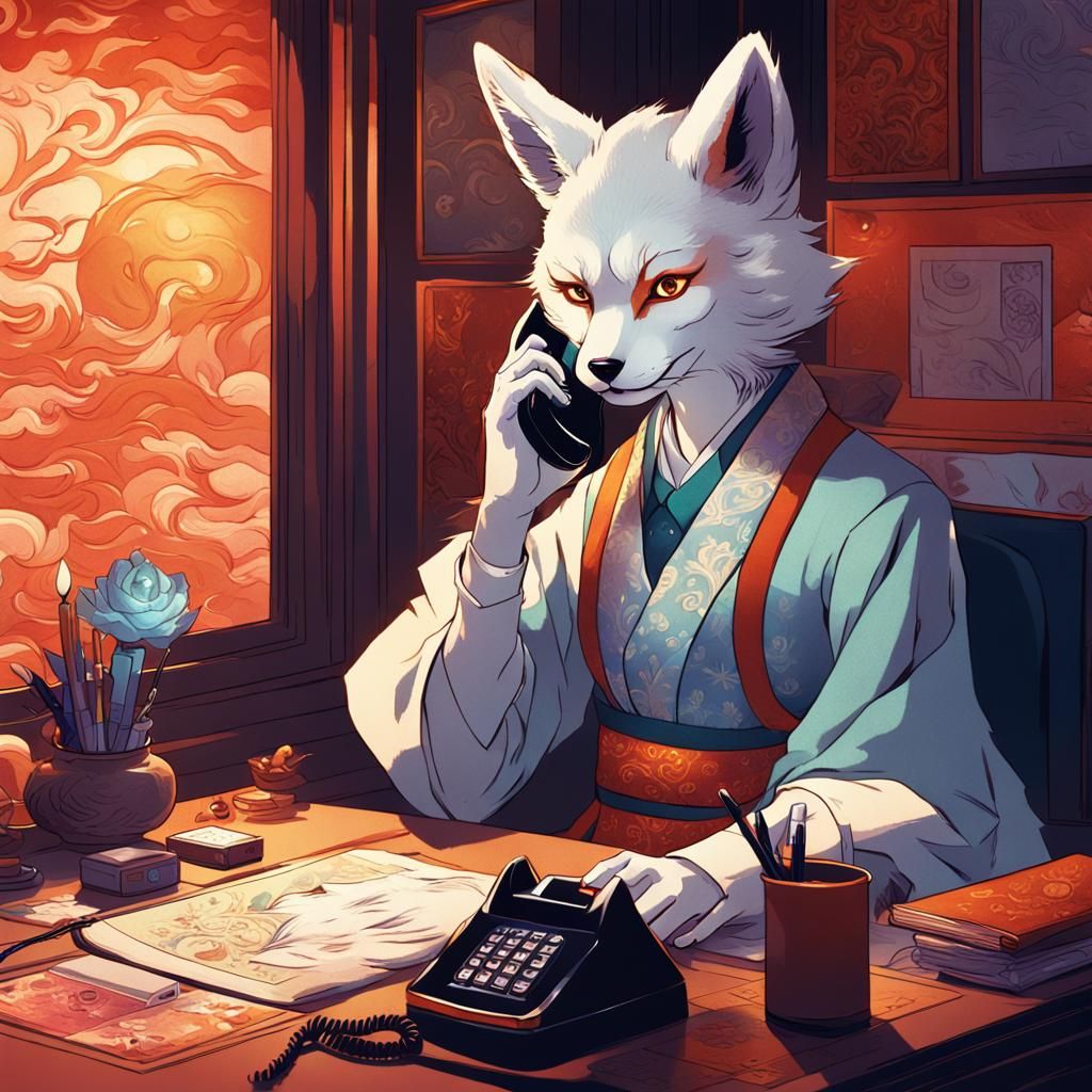 Kitsune Secretary on Phone: Fantasy Concept Art