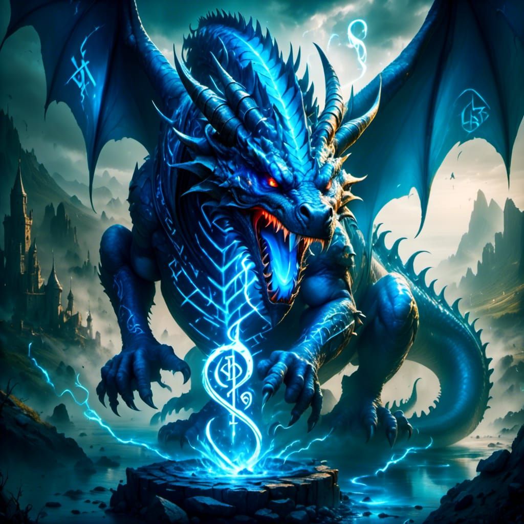 Dragon Exhaling Glowing Blue Runes