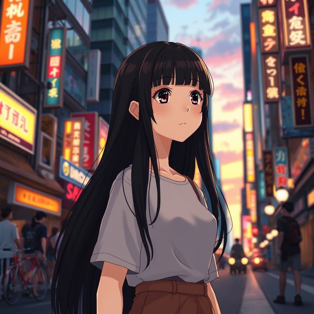 Whimsical City Girl at Dusk in Vibrant Anime Style