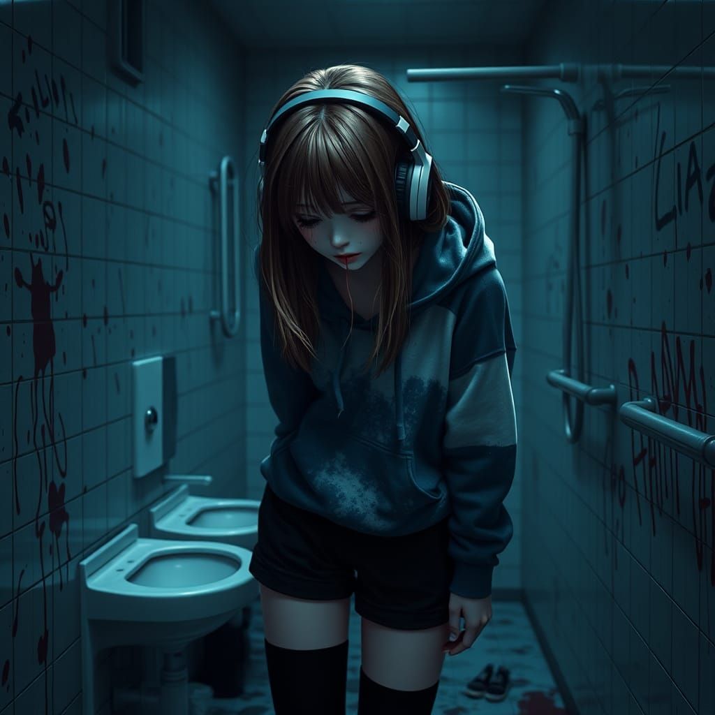 Distressed Teen in Eerie School Bathroom: Matte Painting