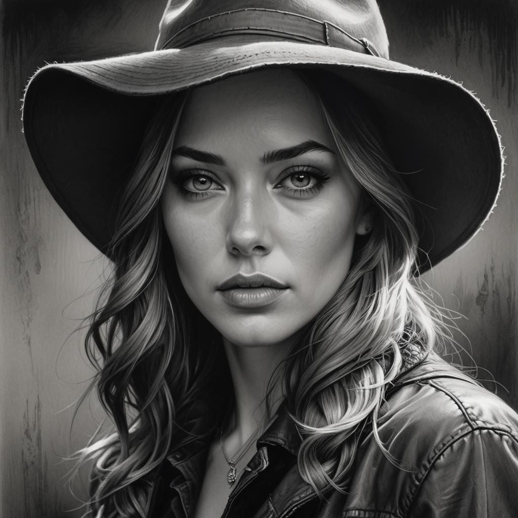 Graphite Portrait of Girl with Hat, Raw Texture