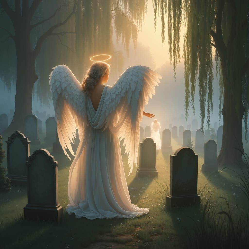 Angel Guides Departed Soul Through Dawn's Radiant Light