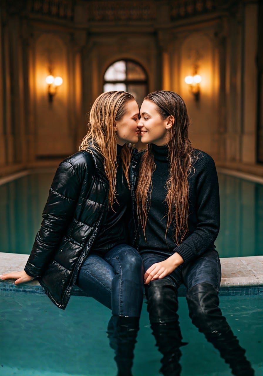 Wet Friends Share a Moment on the Edge of an Hourglass Pool