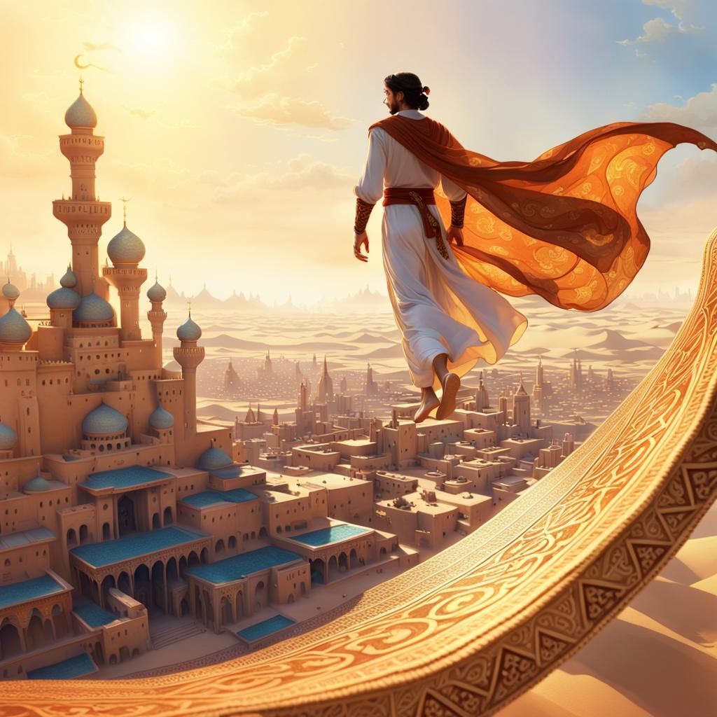 Aladdin Soaring Over Oasis City in Fantasy Art Style