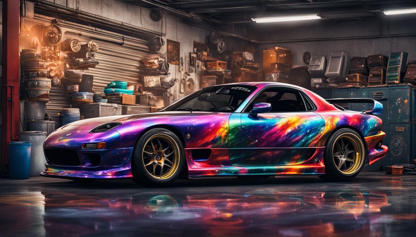 Hyperrealistic Mazda RX-7 Galaxy Wrap Splash Art