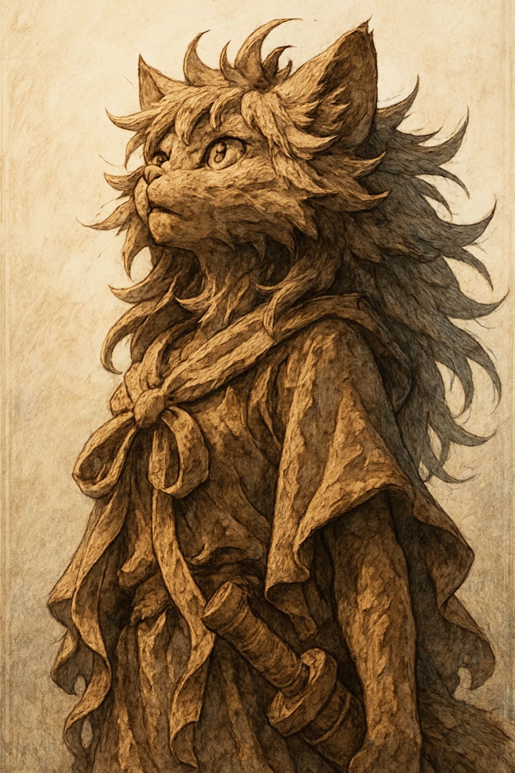 Anime Clay Cat Sculpture with Fur and Ribbons