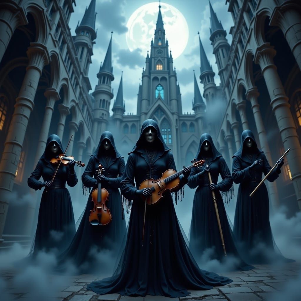 Gothic Figures in Moonlit Cathedral: A Digital Artwork