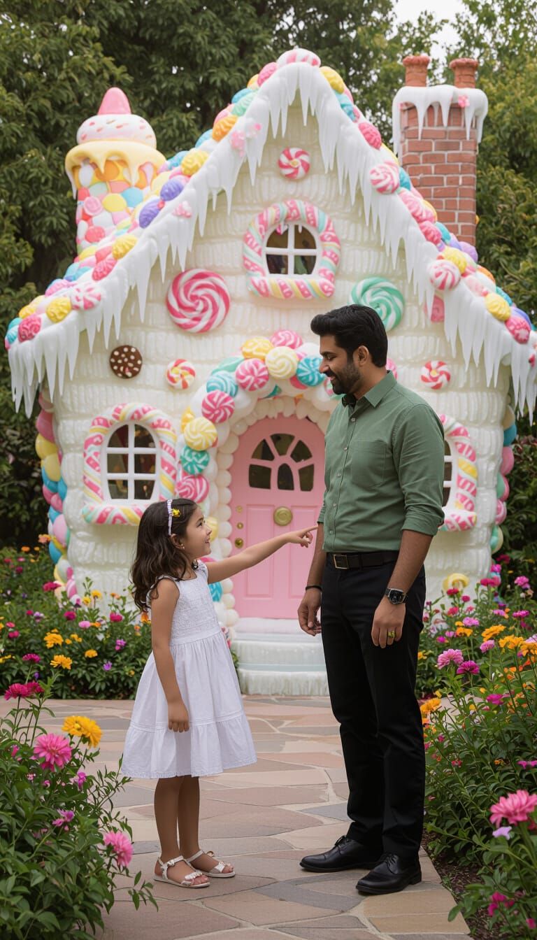 Girl Points to Whimsical Ice Cream House with Father