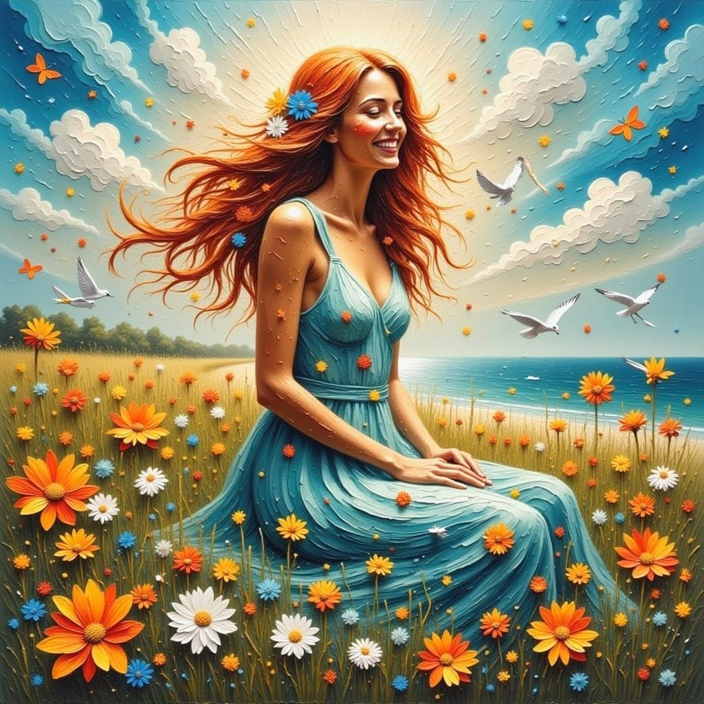 Impasto Beach Scene with Laughing Woman and Seagulls