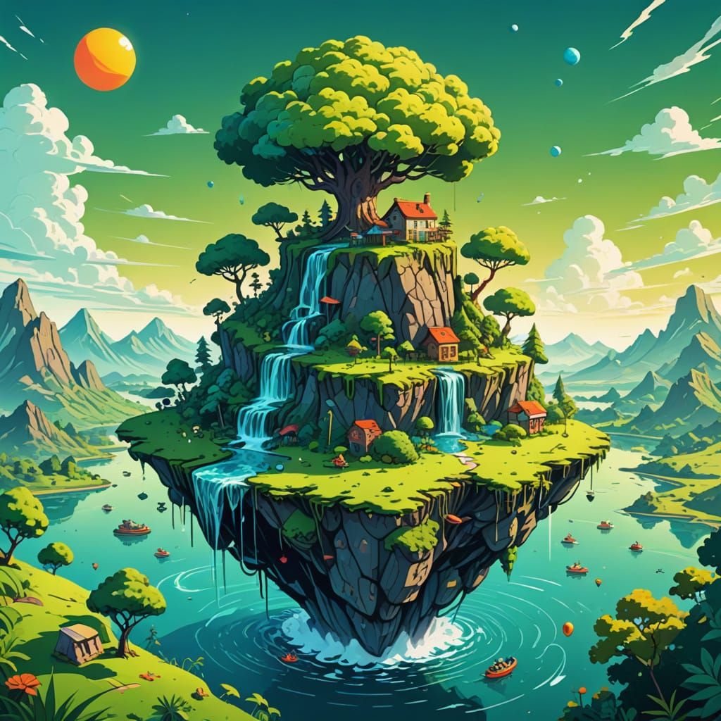 Surreal Island Exploration in Comic Book Style