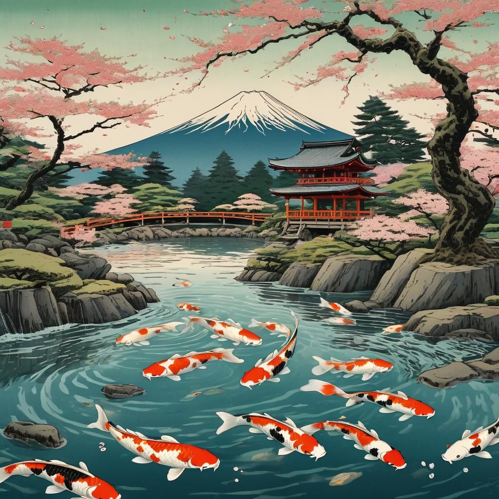 Koi in Zen Garden, Ukiyo-e Woodblock Print