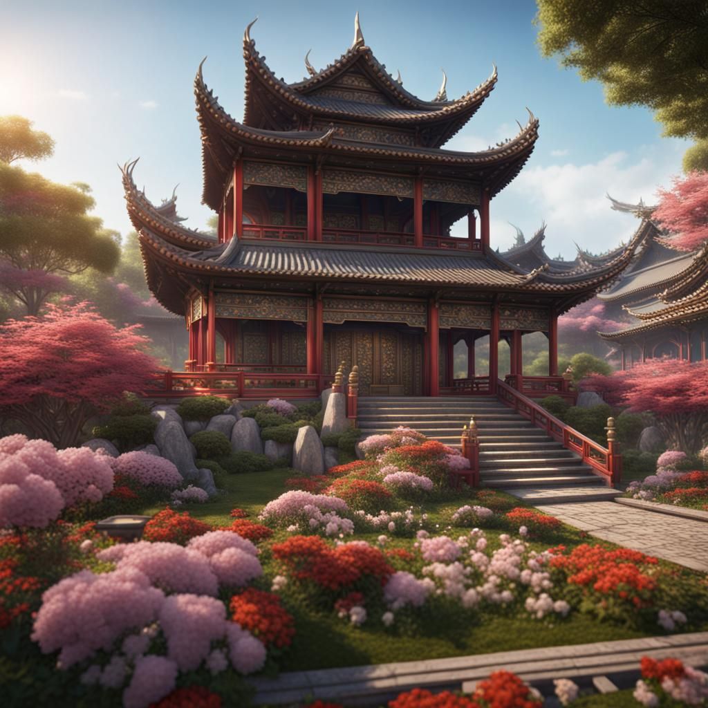 Regal Asian Palace in a Fantastical Flower Garden