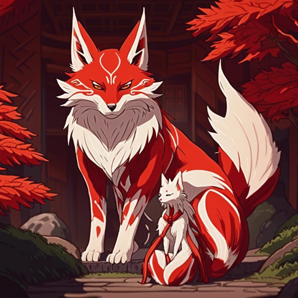 Red and White Kitsune Duo in Ghibli Style