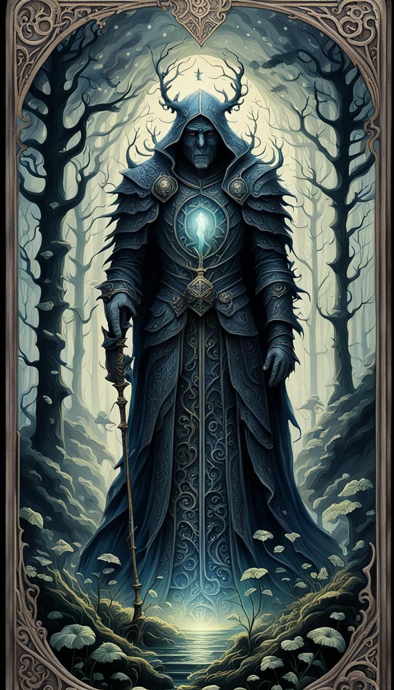 Dark Fantasy Tarot Card: Medieval Creature in Mystical Woods