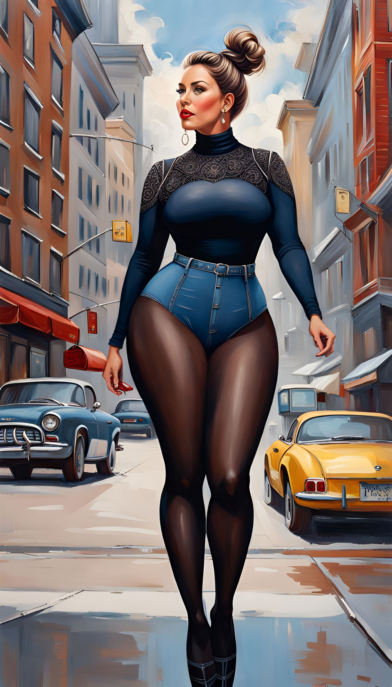 Curvy Woman in City: Detailed Digital Oil Painting