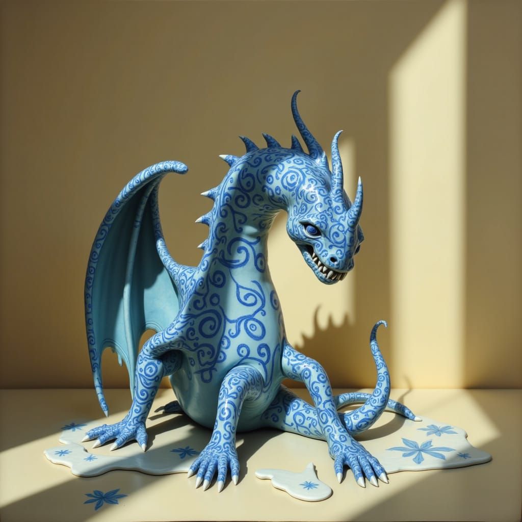 Blue Porcelain Dragon Sculpture with Ethereal Light