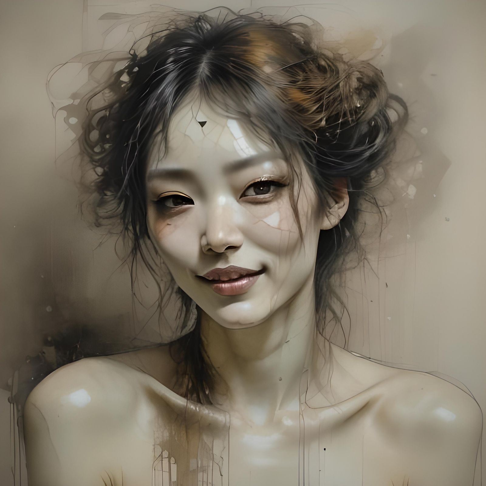 Beautiful Japanese Woman with Flowing Hair in Ink Art