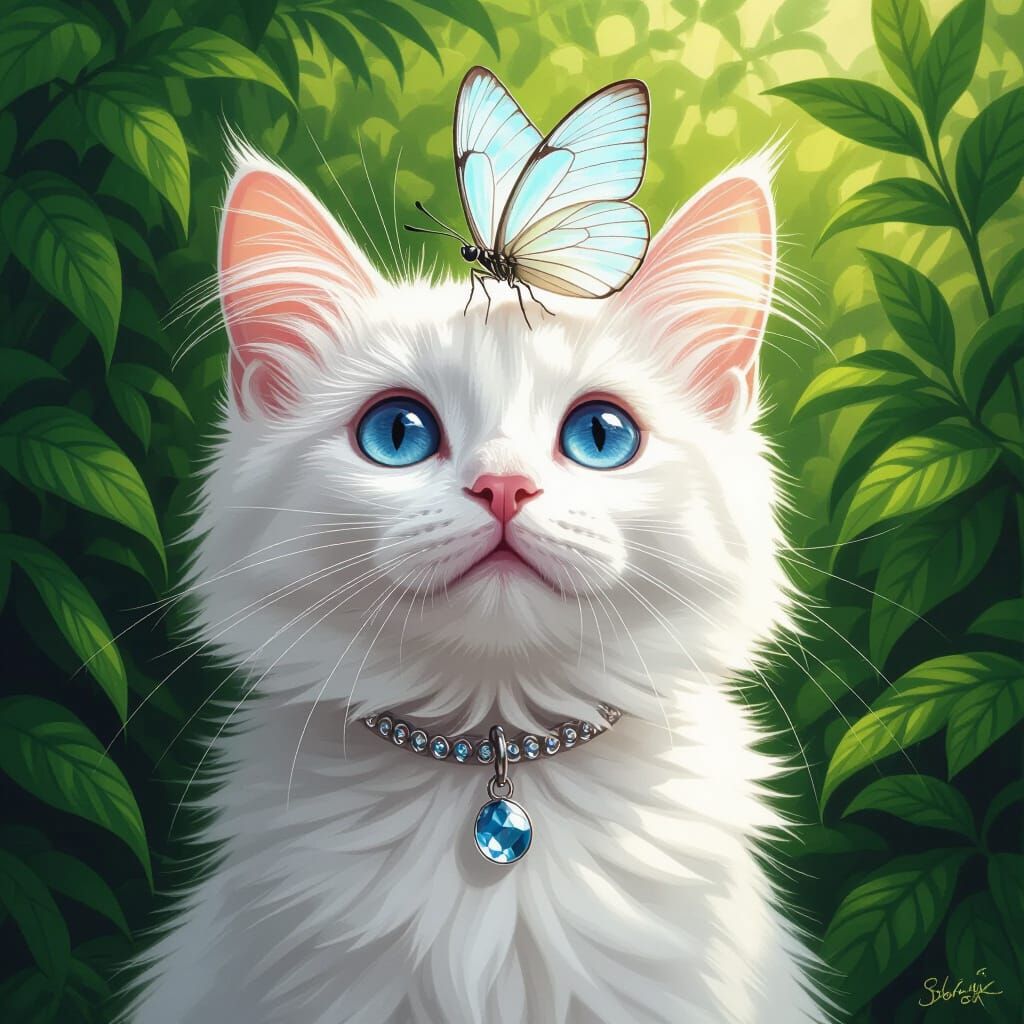 Cat with Butterfly in Audubon-Style Realism