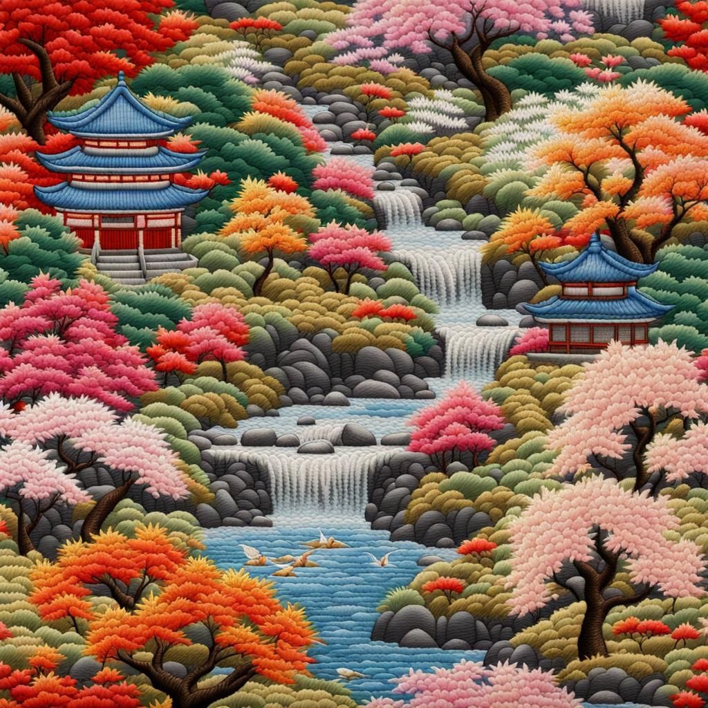 Detailed Japanese Spring Garden Embroidery