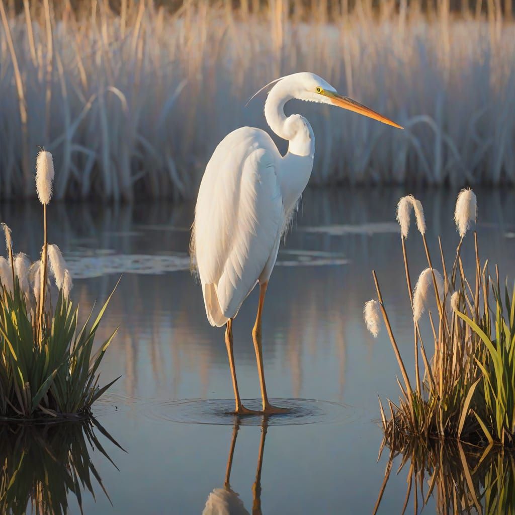 A great white heron standing by a pond with lots of cattails sticking up. Diffuse light. Audubon.