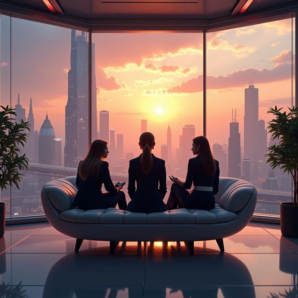 Three People Chatting on Sofa: Matte Painting