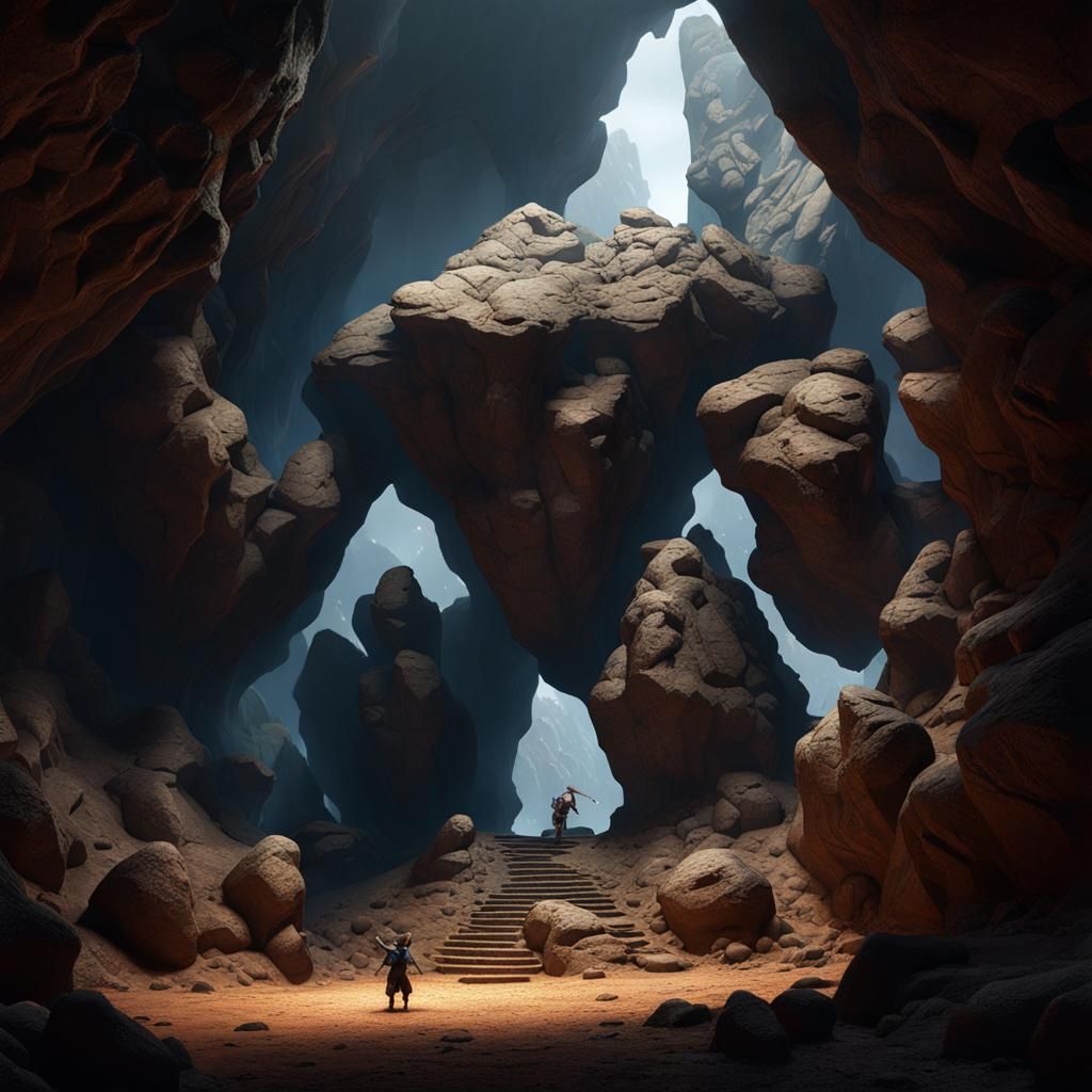 Rock Golem Throwing Boulder in Cavern: Hyperrealistic Art