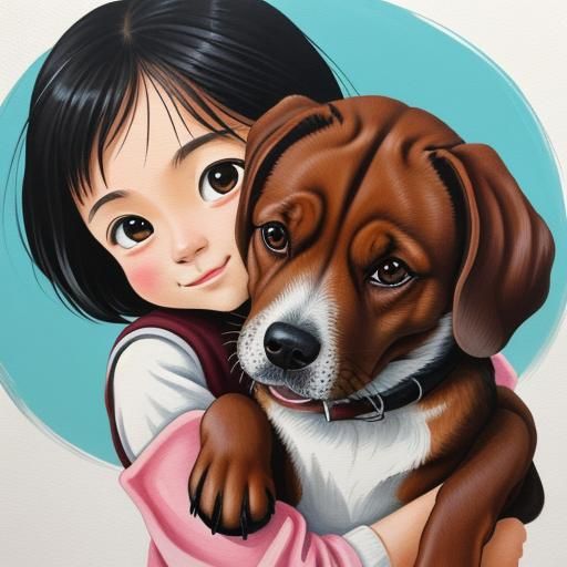 Cute Little Girl Hugging a Dog in Gouache