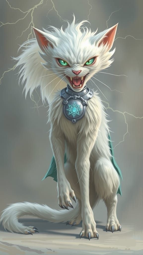 Menacing White Cat with Ethereal Glow and Dark Cape