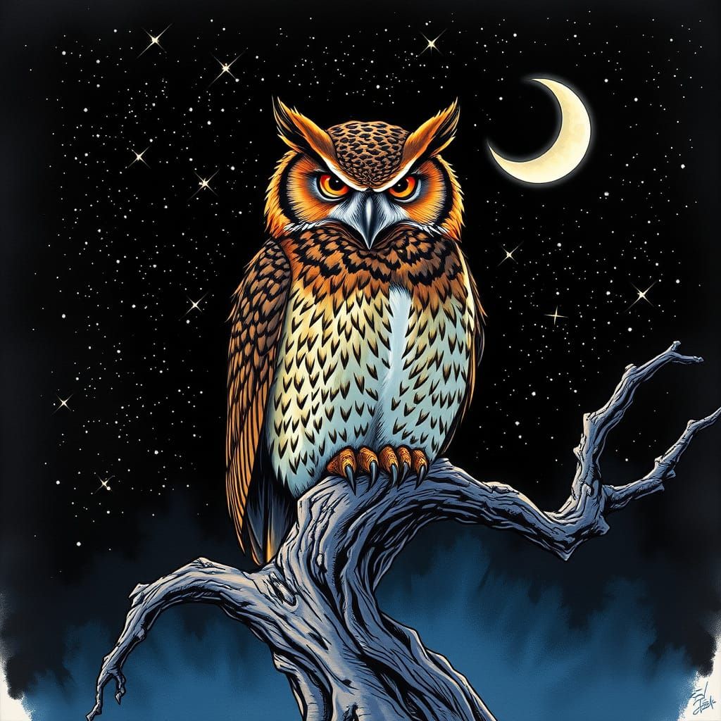 Owl in Starry Night Comic Book Art