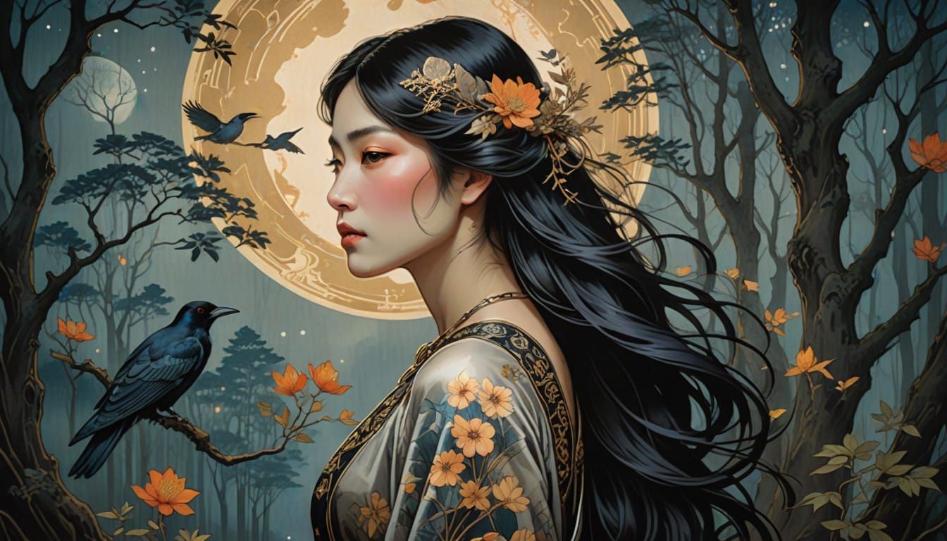 Dark-Haired Woman under Silver Moonlit Forest Glade