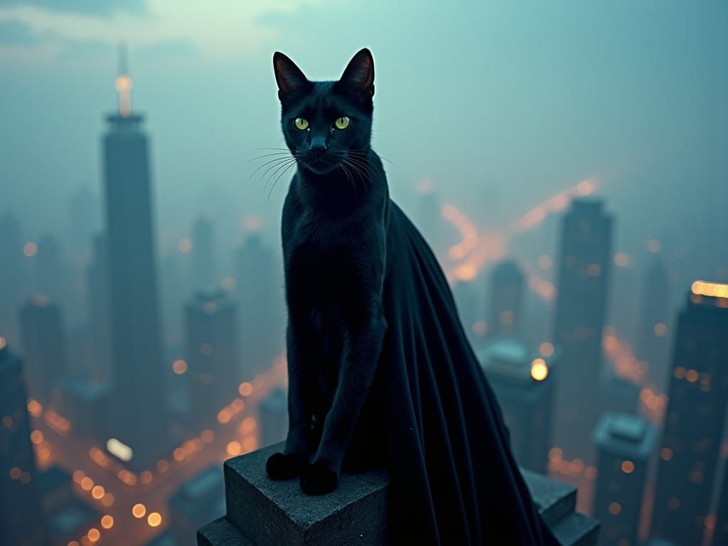 Cinematic Black Cat Overlooking City at Dusk