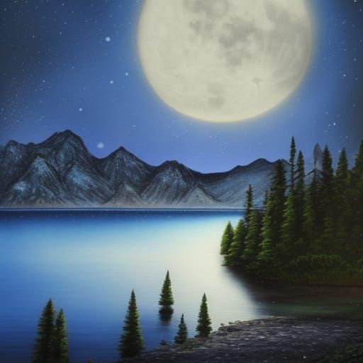 Moonlit Lake: Detailed Matte Painting in Fantasy Style