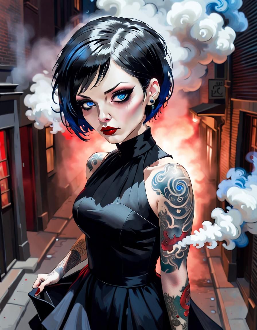 Gothic Woman Portrait in City Alley at Night
