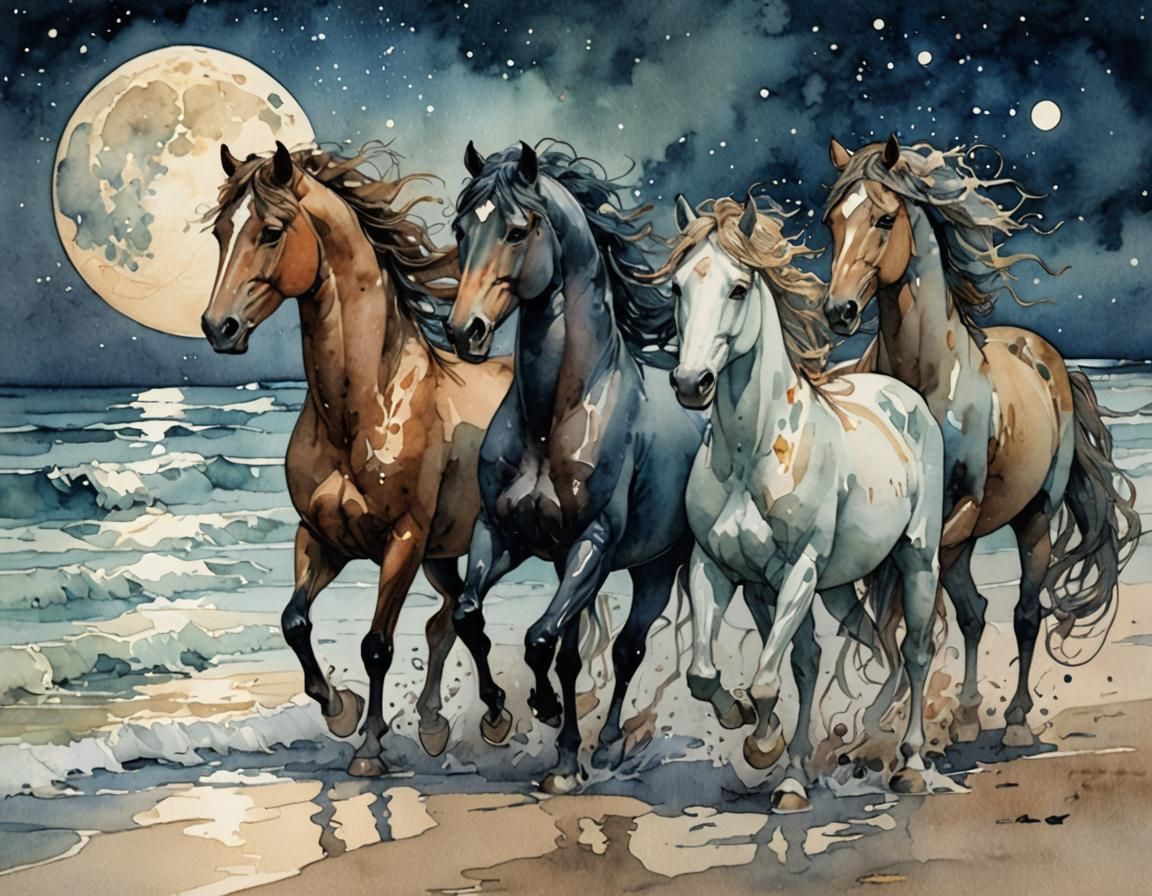 Wild Horses on Moonlit Beach: Watercolor Illustration