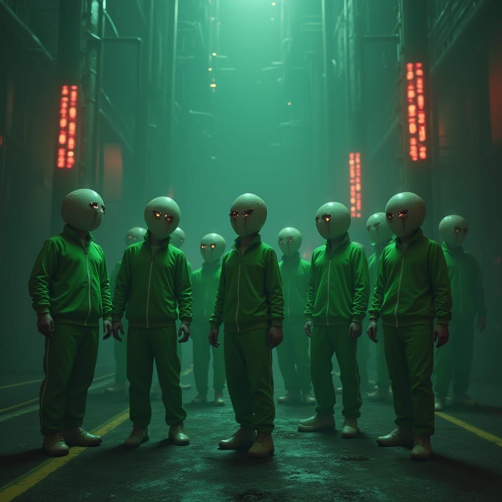 Dystopian Squid Game Players in Neon-Lit Industrial Playgrou...