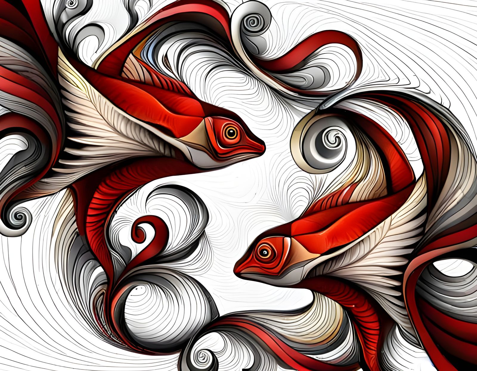 Prompt: a piece of paper that consists of a drawing of a pair of fish, in the style of surreal animal hybrids, delicate ...
