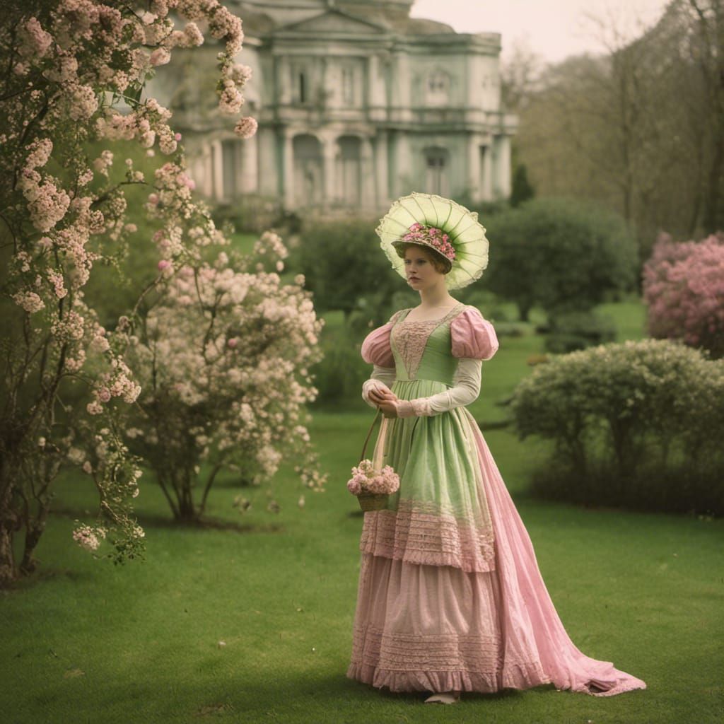 Girl in Regency Dress Picking Flowers