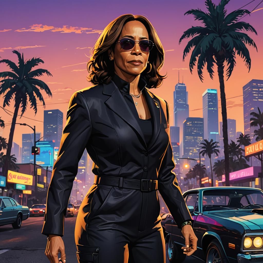 Kamala Harris as GTA Protagonist in Cyberpunk Cityscape