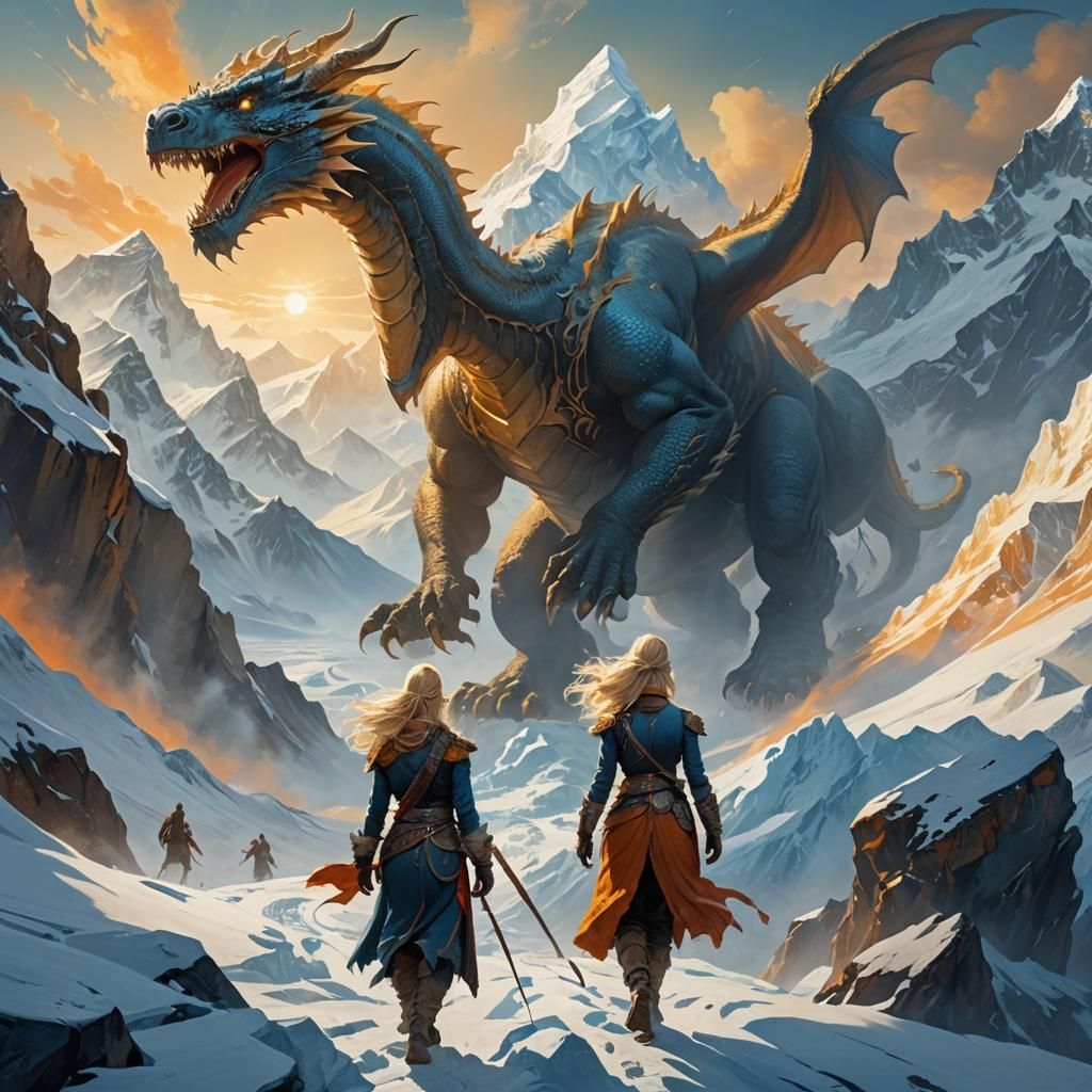 Girl and Dragon on Mount Everest, Frazetta Style