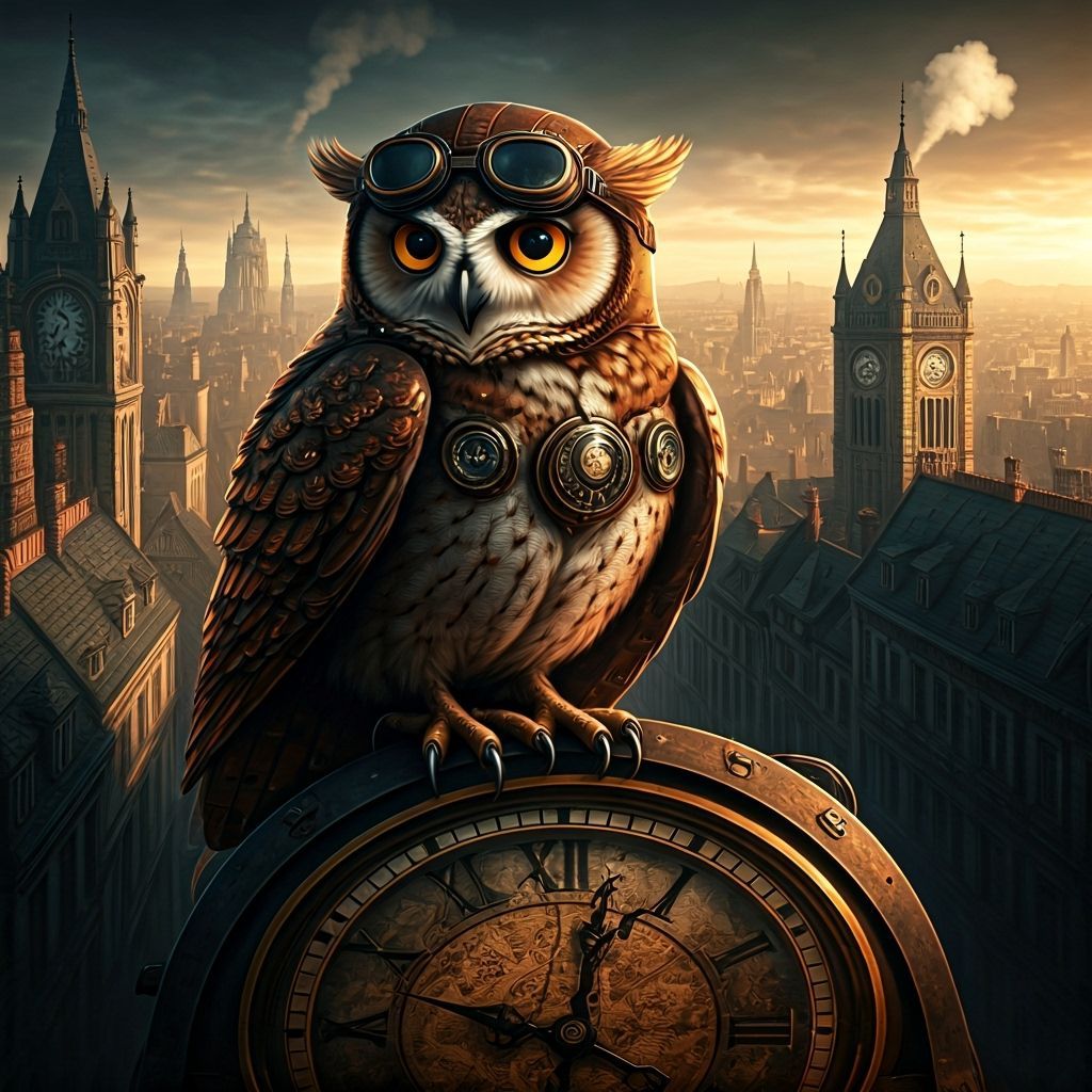 Steampunk Owl Surveys Victorian Cityscape in Detailed 8K