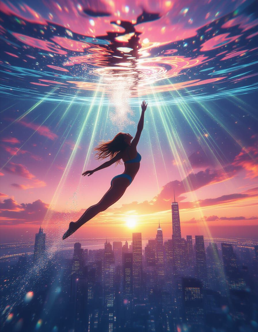 Ethereal Ascent: Woman Swimming in Surreal Cityscape