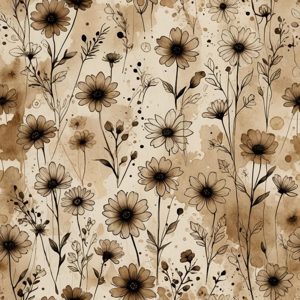 Sepia Watercolor Ledger Page with Floral Doodles