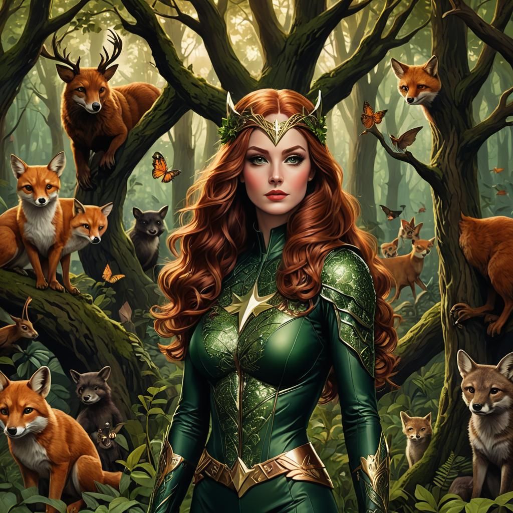 Woodland Superhero Surrounded by Animals: Vintage Style