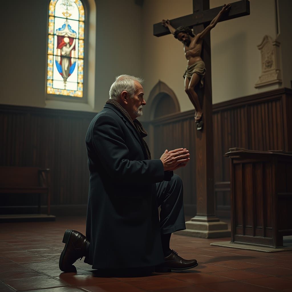 Elderly Man Praying in Church: Hyperrealistic Digital Art