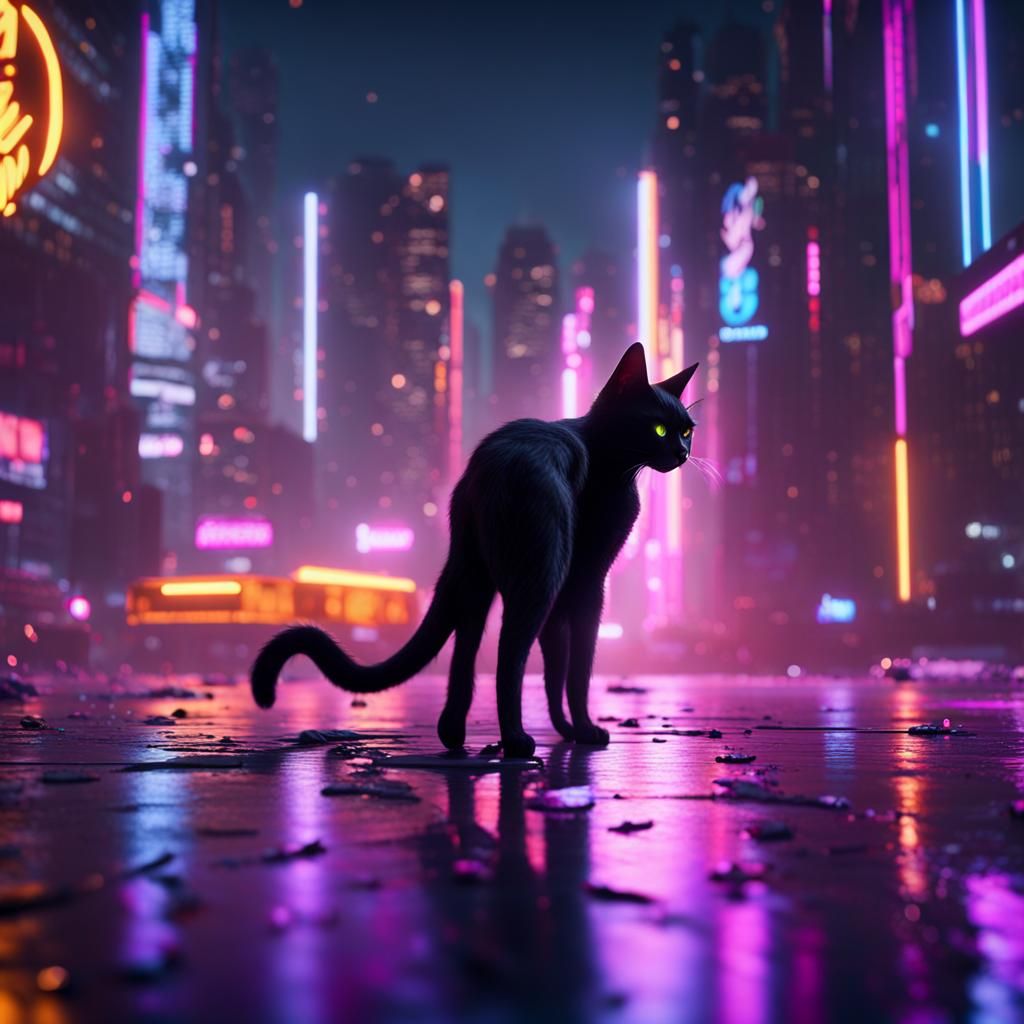 Black Cat Hunting in Neon Cityscape